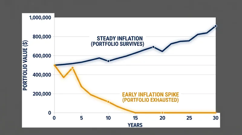 An early inflation spike forces higher nominal withdrawals, permanently crippling a portfolio's ability to compound.