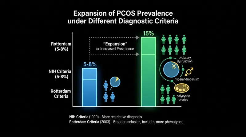 Diagnostic prevalence of PCOS nearly doubled following the adoption of the Rotterdam criteria.