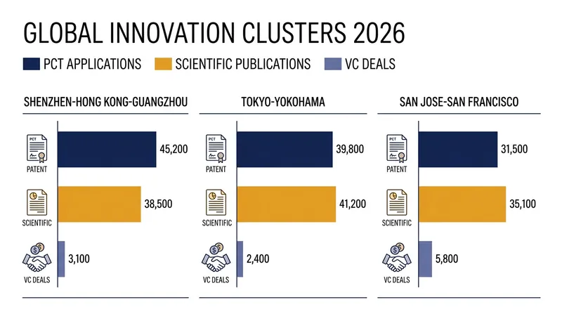 The top three innovation clusters remained unchanged in 2026, driven by dense concentrations of patent filings and venture capital.