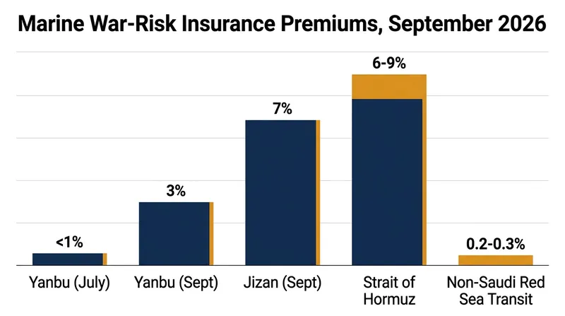 Insurance premiums for Saudi-linked vessels have spiked, while unaffiliated ships see lower rates.