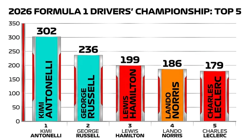 Kimi Antonelli holds a 66-point advantage with 208 points remaining on the board.