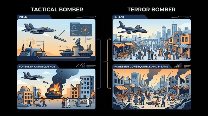 How the doctrine distinguishes between legitimate military objectives and unlawful terror tactics.