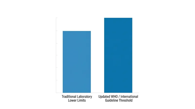 International guidelines mandate a 30 µg/L threshold, doubling historical laboratory reference ranges.