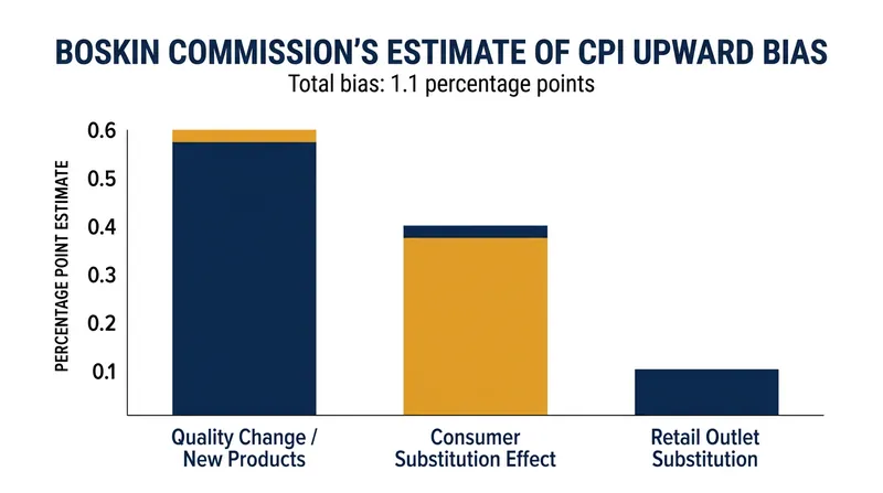 The Boskin Commission identified multiple structural biases that cause the CPI to overstate true inflation by 1.1 percentage points annually.