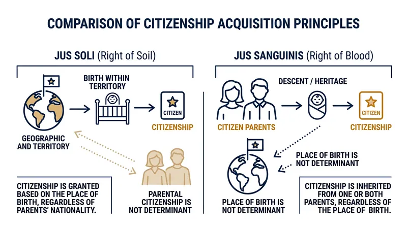 The two fundamental legal philosophies that determine national belonging at birth.