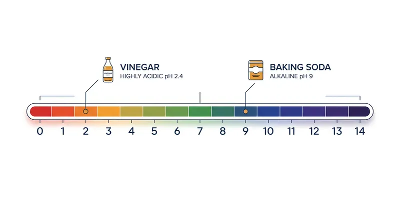 Vinegar and baking soda sit on opposite ends of the pH scale, giving them distinct cleaning properties.