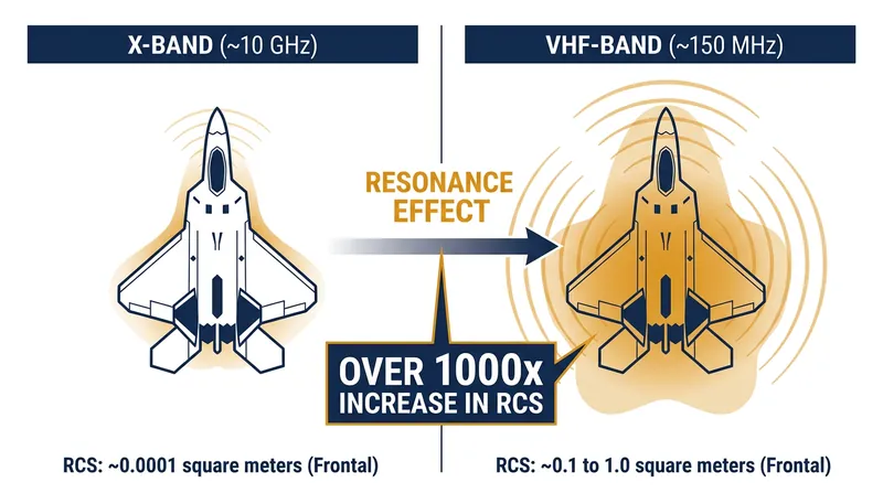 The resonance effect in the VHF band strips away geometric stealth, increasing a fighter's radar return by up to a factor of 1,000.
