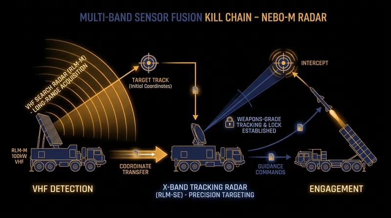 Integrated air defense networks use VHF arrays to cue high-frequency radars, attempting to force a weapons-grade lock.