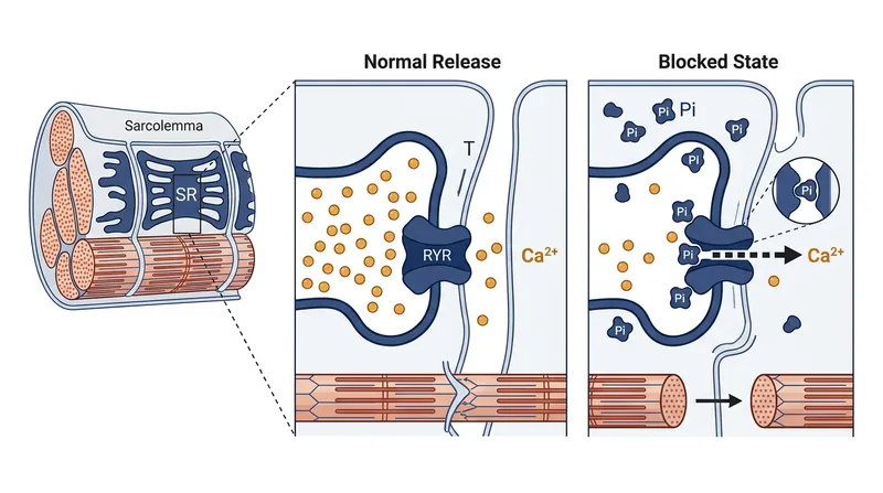 Acute muscle fatigue occurs when inorganic phosphate accumulates and blocks the calcium signaling required for contraction.