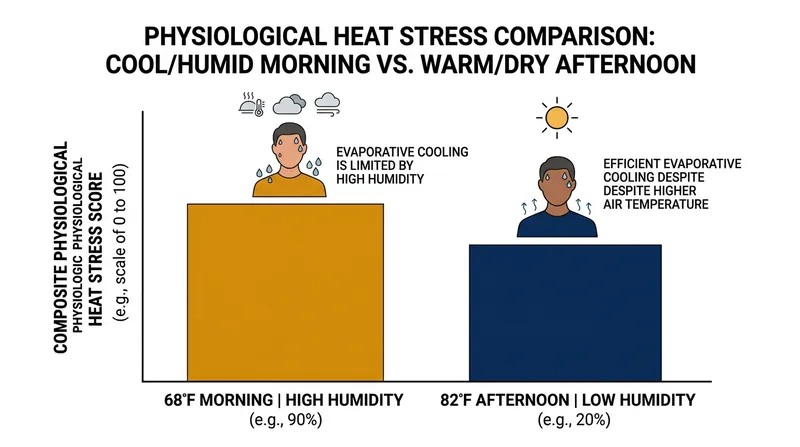 High humidity blocks sweat evaporation, causing cooler, muggy days to carry more physiological risk than hotter, dry days.