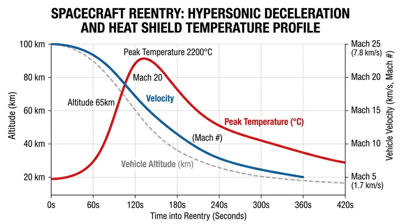 Adiabatic compression peaks during the hypersonic phase of the descent.