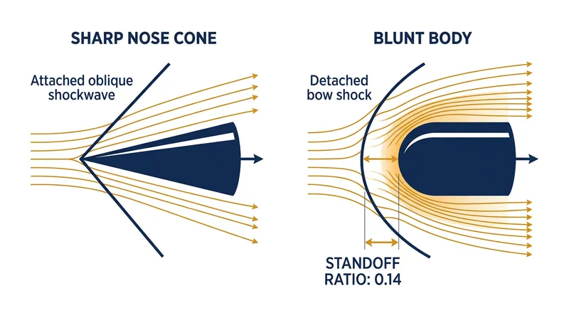 Blunt-body geometry forces the shockwave to detach, creating a protective thermal buffer.