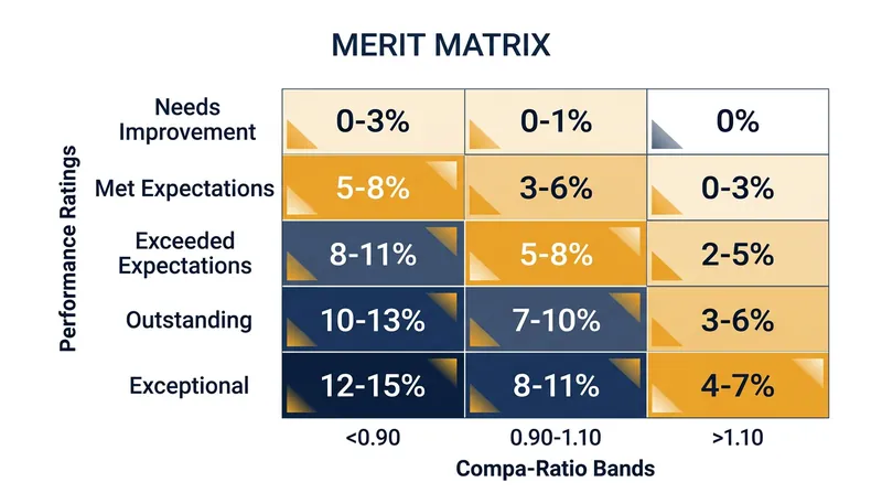 A merit matrix dictates raise percentages by crossing an employee's performance rating with their current position in the salary range.