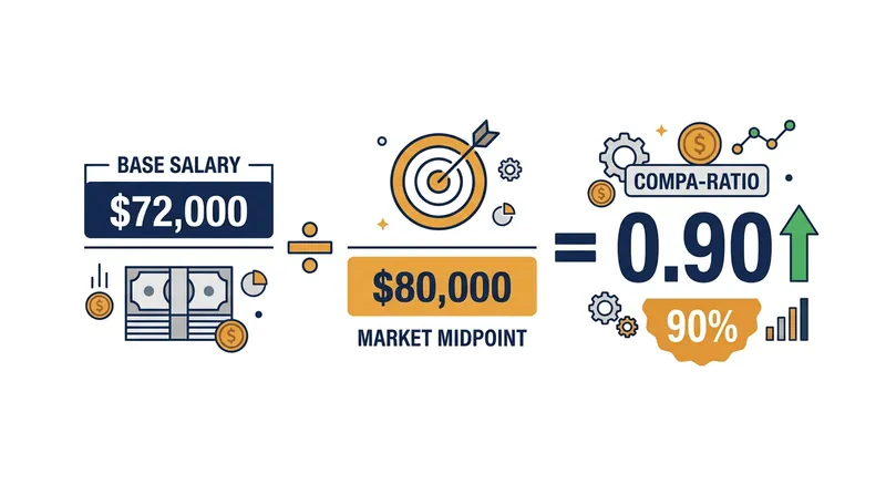 The compa-ratio formula divides an employee's current salary by the market midpoint for their role.