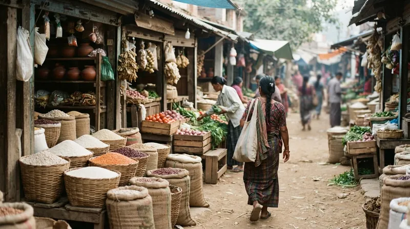 A crowded street market in a developing nation with people navigating stalls under bright sunlight.