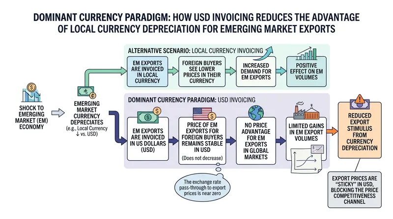 Dollar invoicing prevents local currency depreciations from making exports cheaper to foreign buyers.