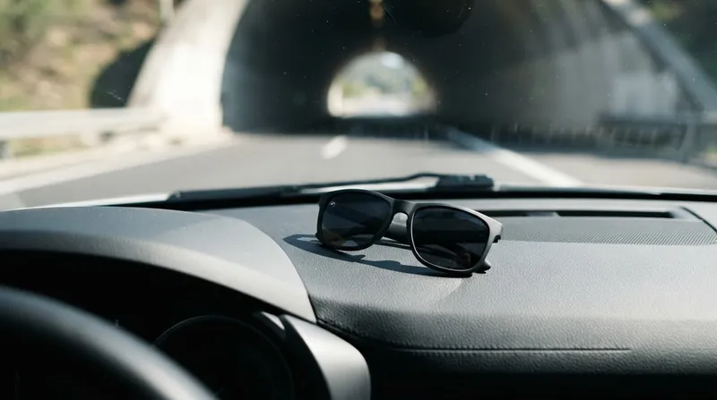 A person driving a car in bright sunlight, wearing sunglasses and looking through the windshield.
