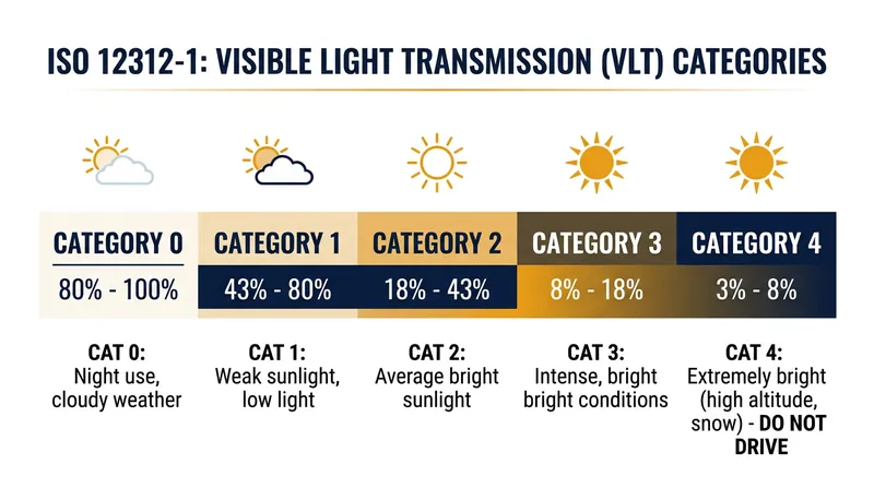 The ISO 12312-1 standard divides sunglass lenses into five categories based on the percentage of visible light they transmit.