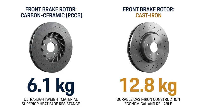 Carbon-ceramic rotors offer massive unsprung weight savings over iron equivalents.