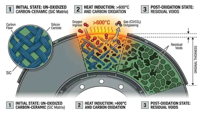 Extreme heat causes internal carbon fibers to oxidize, reducing the rotor's mass and structural integrity.
