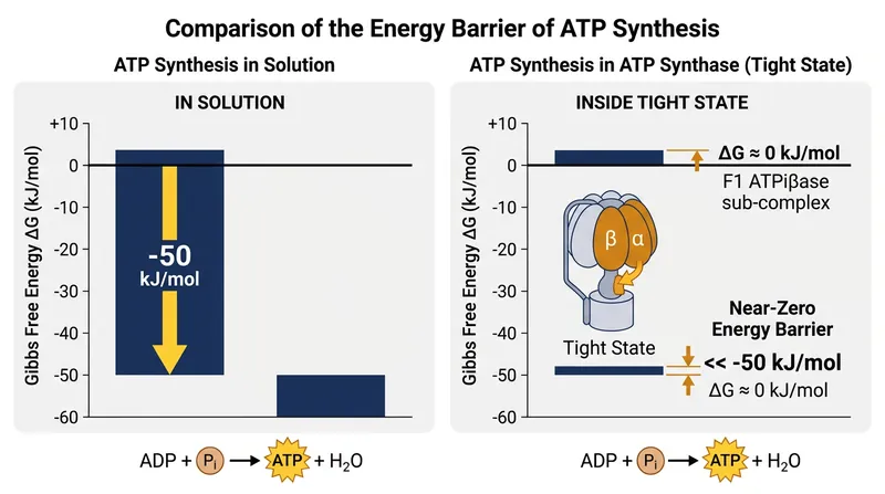 The active site of ATP synthase lowers the energy barrier for bond formation to near zero, shifting the energy requirement entirely to product release.