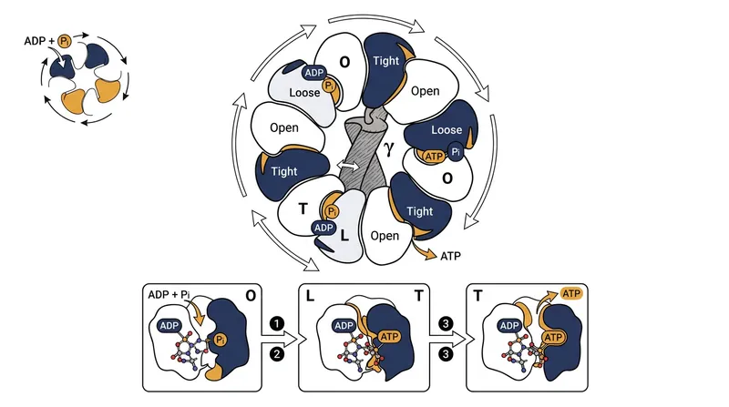 The binding change mechanism relies on three sequential conformations—Open, Loose, and Tight—driven by the rotation of the central gamma subunit.