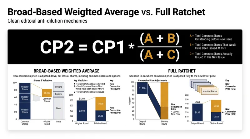 The broad-based weighted average formula scales the conversion price adjustment proportionally.