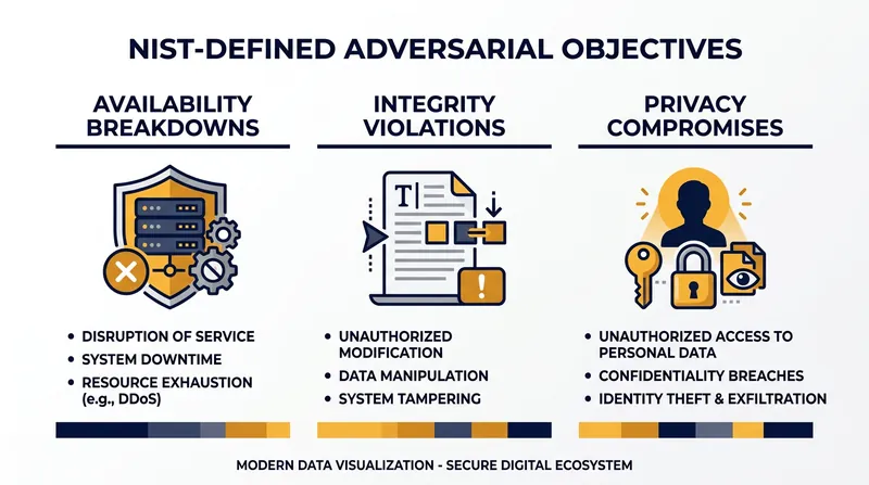 The NIST taxonomy categorizes adversarial attacks into three primary operational objectives.