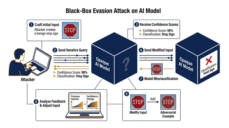 Black-box evasion attacks require no prior knowledge of the model's architecture, relying entirely on query responses.