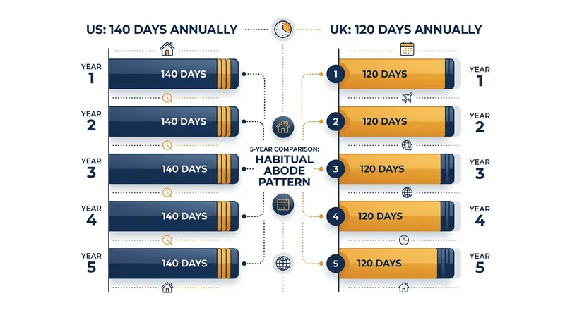 The habitual abode test examines multi-year physical presence patterns rather than a single 183-day threshold.