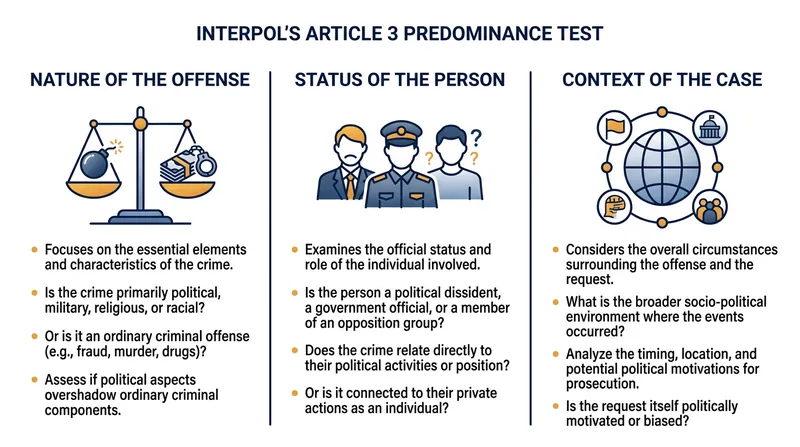 The three criteria the CCF weighs to determine if a Red Notice violates Interpol's political neutrality mandate.