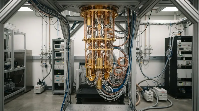 Interior view of a quantum computer dilution refrigerator showing intricate gold-plated wiring and cooling plates.