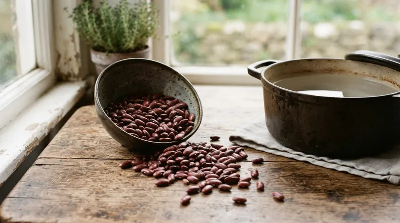 A wooden bowl of raw dried red kidney beans sitting next to a pot of boiling water.