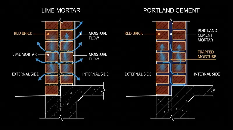 Portland cement blocks the natural evaporation path, trapping moisture inside the clay brick where it freezes and expands.