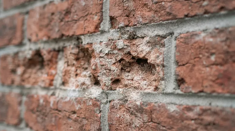 Close-up of a historic red brick wall where the front faces of the bricks have broken off, leaving gray mortar protruding.