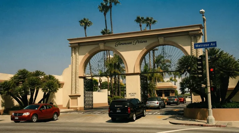The iconic Paramount Pictures water tower standing against a clear blue sky in Los Angeles.