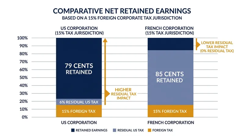 The foreign tax credit mechanism neutralises the margin advantage of operating in low-tax jurisdictions.