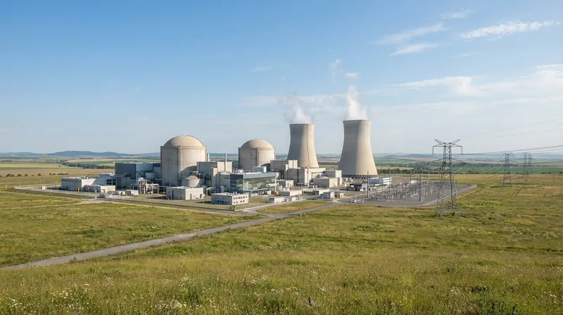 A wide view of a nuclear power plant construction site with large concrete domes and cranes.