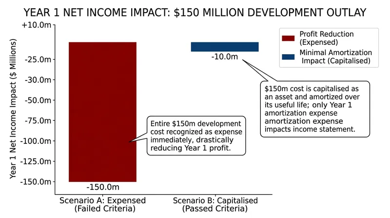 Capitalising rather than expensing a $150 million outlay fundamentally alters reported annual profit.