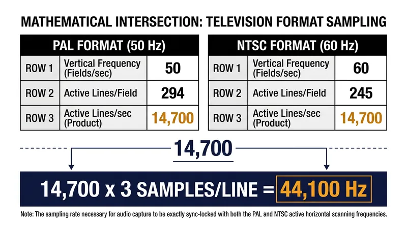 Both rival television formats produced exactly 14,700 active lines per second, forcing the 44.1 kHz standard.
