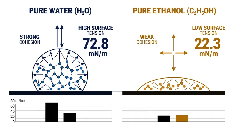 Water's significantly higher surface tension is the mechanical foundation of the Marangoni effect.
