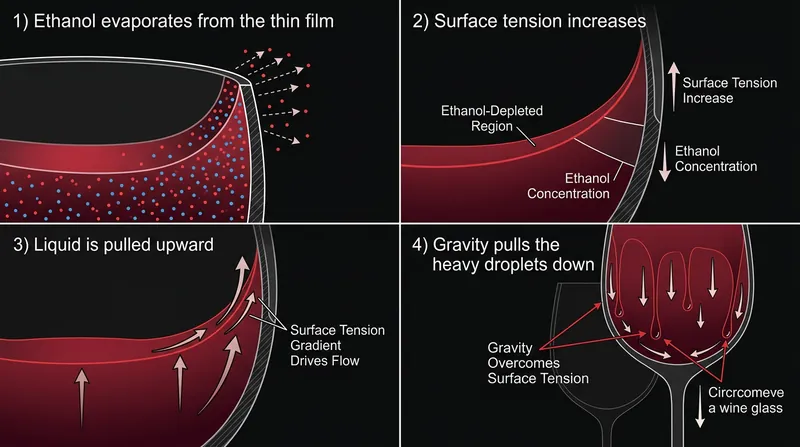 The continuous cycle of evaporation and surface tension that pulls wine up the sides of the glass.