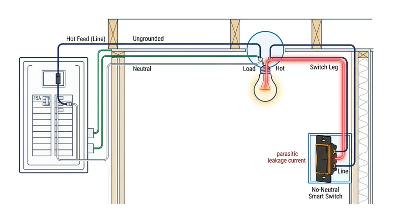 In a switch loop, a no-neutral smart switch must place itself in series with the hot wire, leaking a continuous standby current through the fixture.
