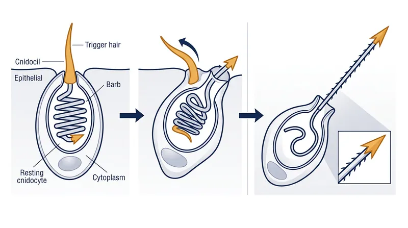 A cnidocyte fires its venom-filled harpoon in a fraction of a millisecond when triggered by physical pressure or chemical changes.