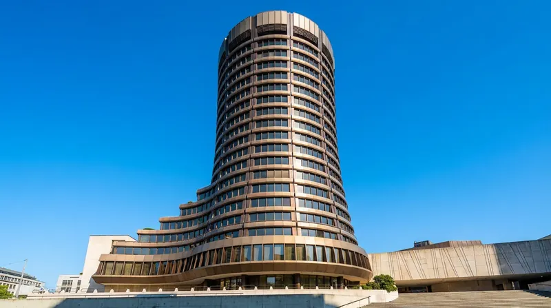 The exterior of the Bank for International Settlements tower in Basel, Switzerland.