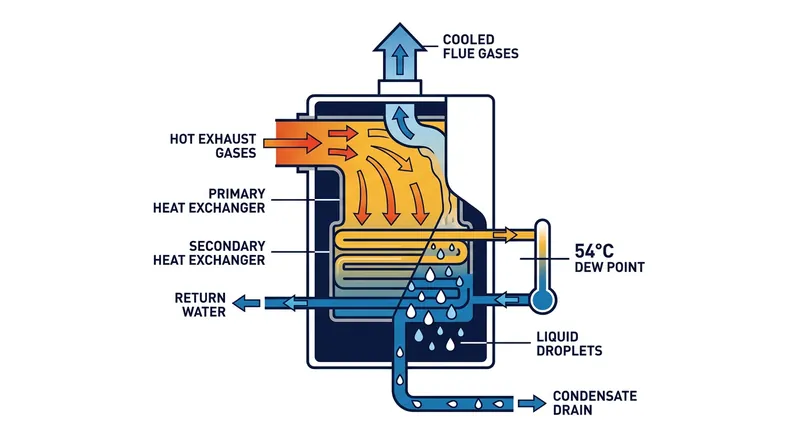 Latent heat is released when water vapor in the exhaust gases condenses back into a liquid.