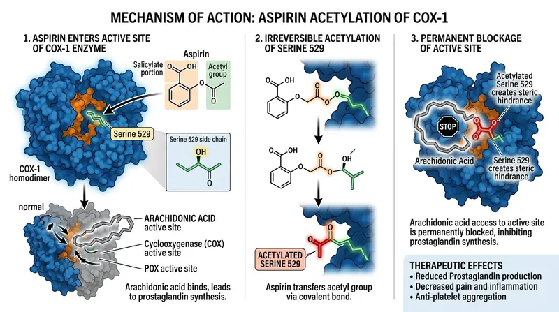 Aspirin permanently blocks the COX-1 enzyme by attaching an acetyl group to its binding channel.