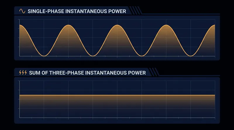 While single-phase power pulsates, the sum of a balanced three-phase system delivers perfectly constant instantaneous power.