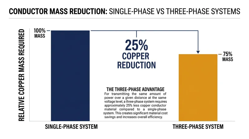 A balanced three-phase system requires exactly 75 percent of the conductor mass needed by an equivalent single-phase system.