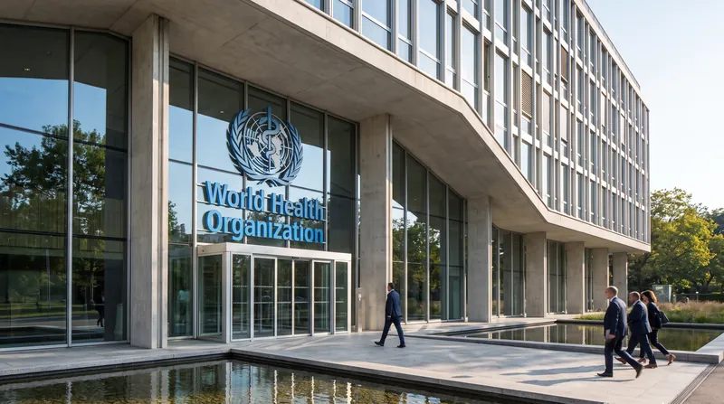 The World Health Organization headquarters building in Geneva, Switzerland, featuring its main entrance and flags.